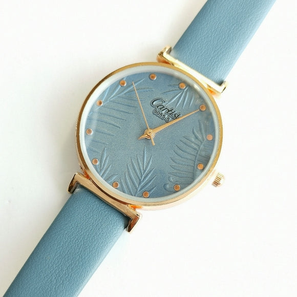 Light Blue Watch Textured Face Leather Strap Quartz Movement