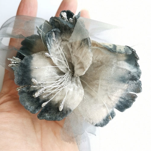 Hand Crafted Silvery Grey Velvet Flower Choker Necklace