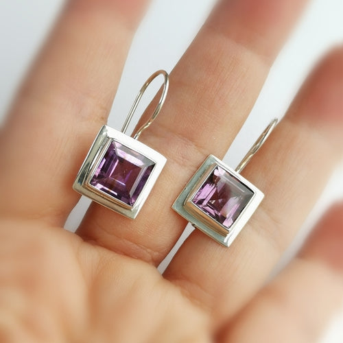 Square Cut Lavender Amethyst Drop Earrings in Sterling Silver