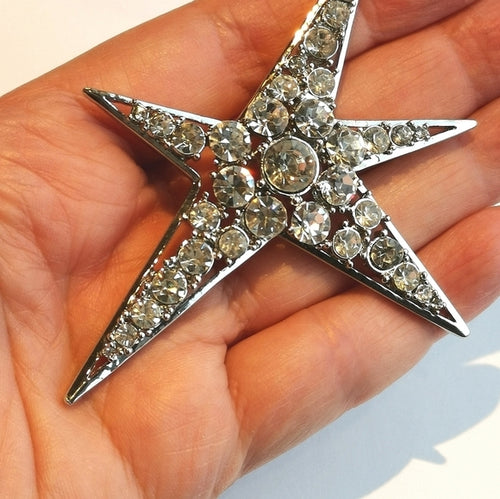 Statement Crystal Star Brooch in Silver Tone