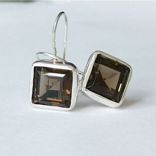 Smoky Topaz Quartz Square Cut Earrings in Sterling Silver