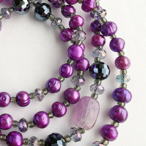 Feshwater Purple Pearl, Amethyst and Crystal Rope Necklace