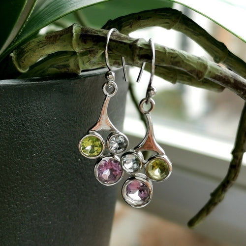 Tri Gemstone Earrings: Blue Topaz, Amethyst, Peridot.