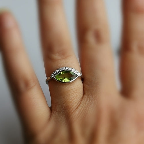 Marquise Peridot Ring in Sterling Silver with CZ accents size 8