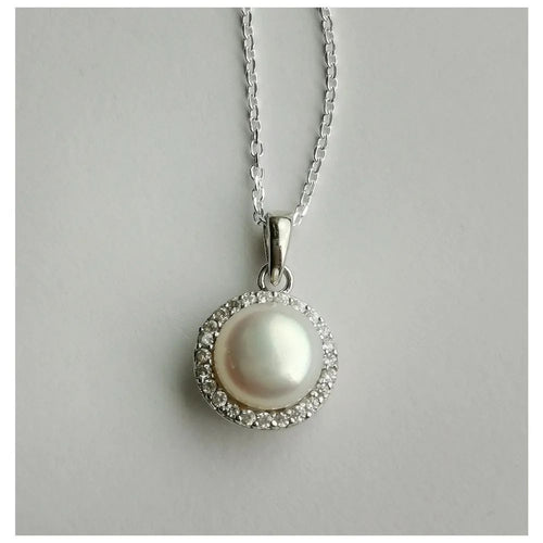 White cultured pearl pendant necklace with cz halo