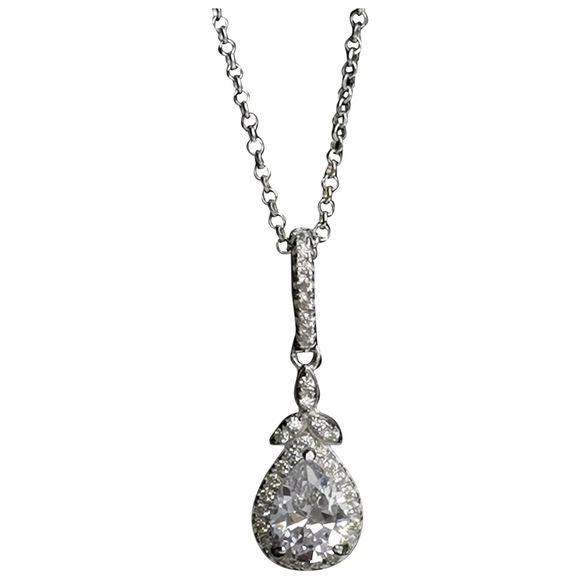 Teardrop CZ Halo Pendant Necklace in Sterling Silver