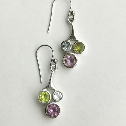 Tri Gemstone Earrings: Blue Topaz, Amethyst, Peridot.