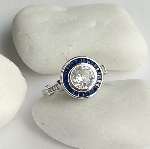 Art Deco Design White and Blue Sapphire Ring