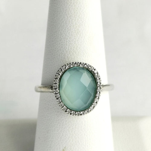 Aqua Chalcedony White Sapphire Halo Ring size 7.5