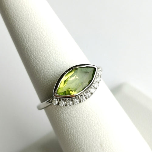 Marquise Peridot Ring in Sterling Silver with CZ accents size 8