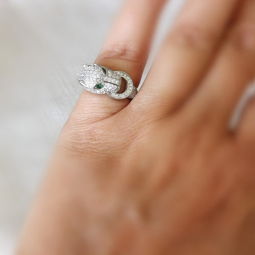 Pave CZ Panther Ring in Sterling Silver Green Eyes