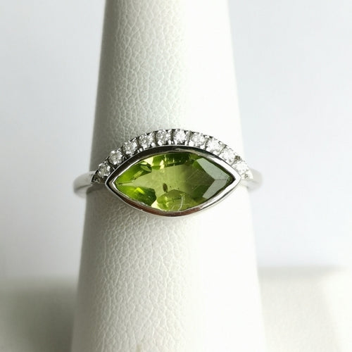 Marquise Peridot Ring in Sterling Silver with CZ accents size 8