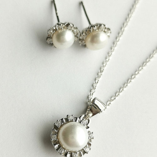 Cultured White Pearl White Sapphire Halo Pendant Necklace Earring Set