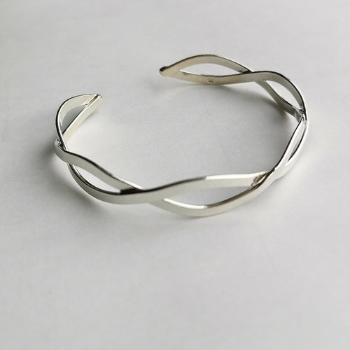 Modern "Waves" Sterling Silver Open Bangle Bracelet