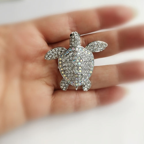 Crystal Sea Turtle Brooch / Pendant in Silver Tone