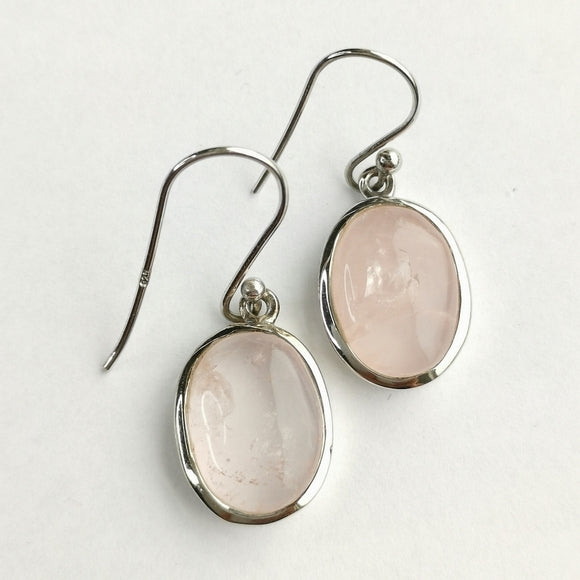 Cabochon Pink Rose Quartz Dangle Earrings in Sterling Silver