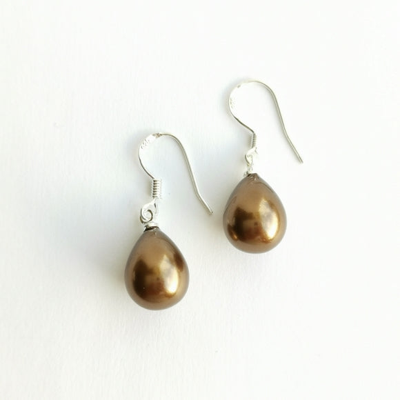 Bronze Brown Shell Pearl Drop Earrings in Sterling Silver