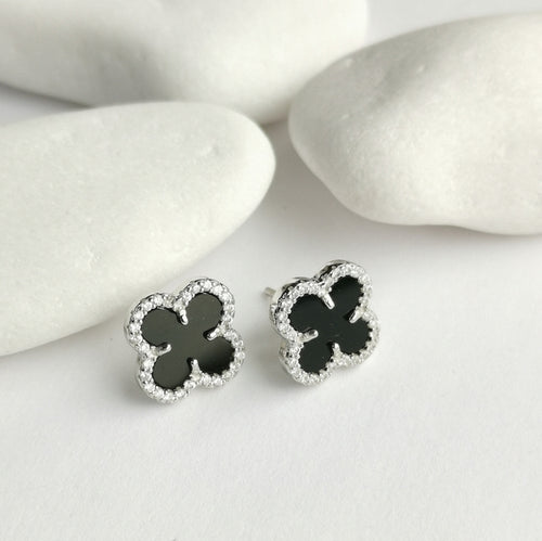 Black Onyx with CZ Clover Flower Earrings