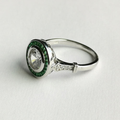 Art Deco White Sapphire Chrome Diopside Ring in Sterling Silver