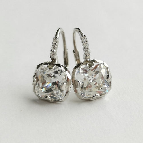 Radiant Cut CZ Drop Lever Back Earrings in Sterling Silver