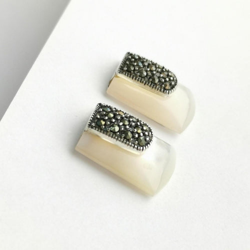 Mother of Pearl Marcasite Art Deco Earrings in Sterling Silver