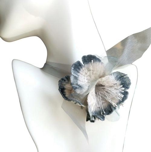 Hand Crafted Silvery Grey Velvet Flower Choker Necklace