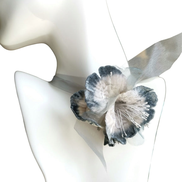 Hand Crafted Silvery Grey Velvet Flower Choker Necklace