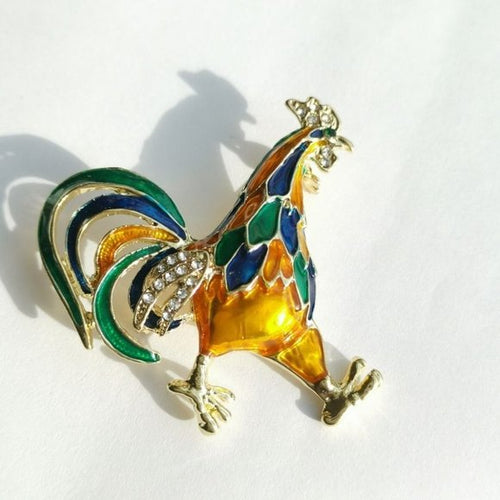 Golden Yellow Enamel and Crystal Rooster Brooch