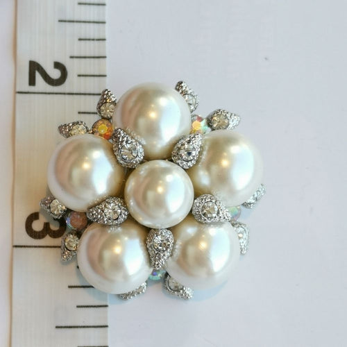 White Faux Pearl and Crystal Cluster Brooch in Silver Tone