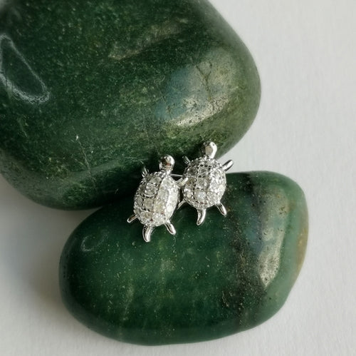 Small Turtle Stud Earrings CZ Pave in Sterling Silver