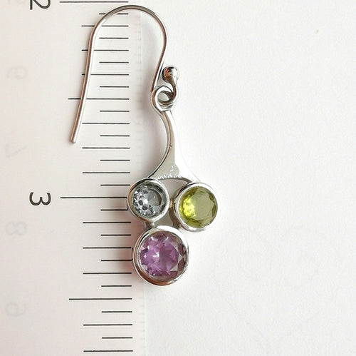 Tri Gemstone Earrings: Blue Topaz, Amethyst, Peridot.