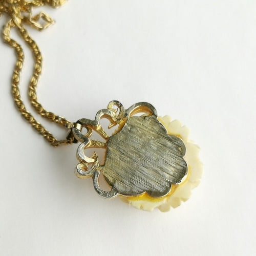 Vintage Mid Century Carved Rose Pendant Necklace