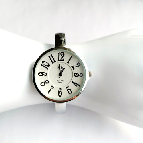 Silver Bangle Watch Large White Face Quartz Movement