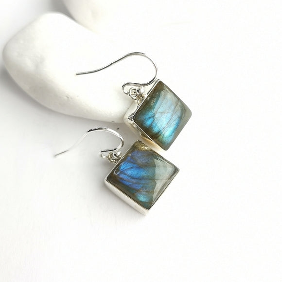 Modernist Labradorite Square Dangle Earrings in Sterling Silver