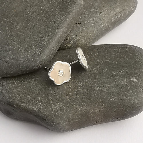 Mother of Pearl Silver Flower Stud Earrings with Diamonds