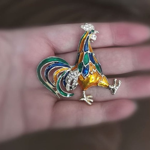 Golden Yellow Enamel and Crystal Rooster Brooch