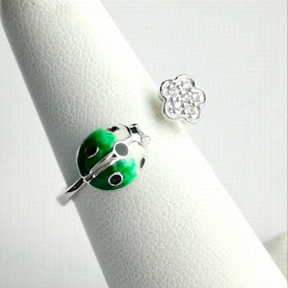 Ladybug Ring in Enamel and CZ Flower in Sterling Silver size 7