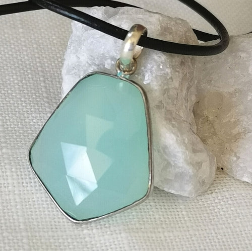 Faceted Aqua Chalcedony In Sterling Silver Pendant Necklace