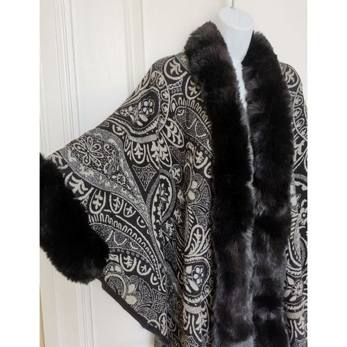 Paisley Black Cape with Faux Fur Trim one size