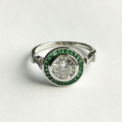 Art Deco White Sapphire Chrome Diopside Ring in Sterling Silver