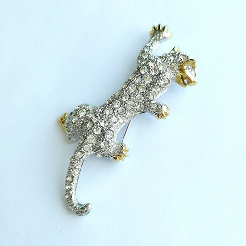 Vintage 80's Panther / Leopard Brooch in Clear Crystals