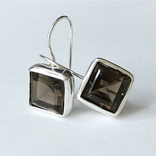 Smoky Topaz Quartz Square Cut Earrings in Sterling Silver