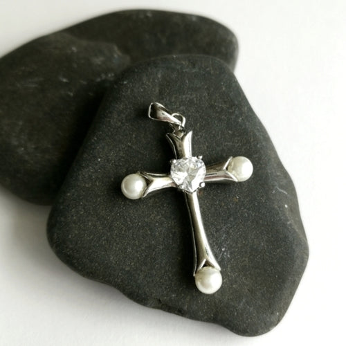 White Pearl CZ Cross Pendant in Sterling Silver