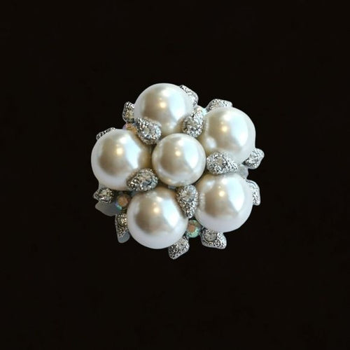 White Faux Pearl and Crystal Cluster Brooch in Silver Tone