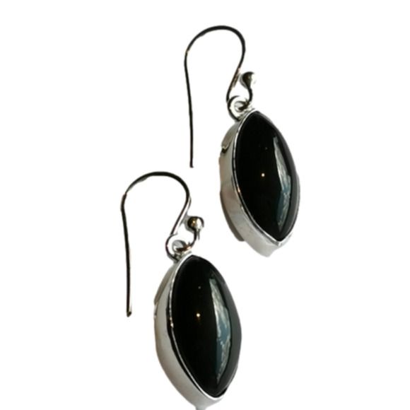 Navette Black Onyx Earrings in Sterling Silver Dangle Drop