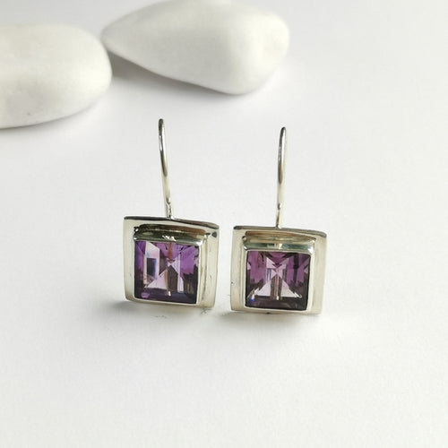 Square Cut Lavender Amethyst Drop Earrings in Sterling Silver