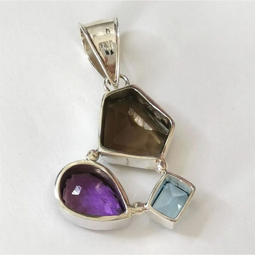 Smoky and BlueTopaz, Amethyst Pendant in Sterling Silver