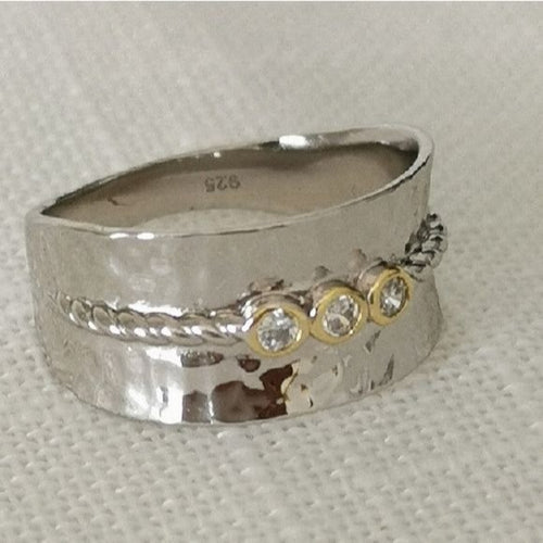 Hammered Sterling Silver Band Ring with White Sapphire and 14k Gold