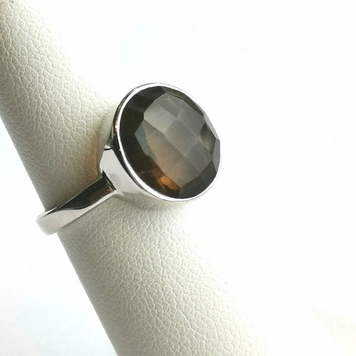 Checkerboard Cut Smoky Quartz Ring in Sterling Silver