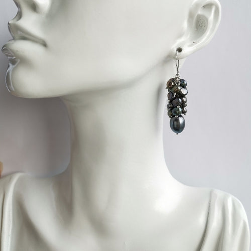 Peacock Grey Freshwater Pearl Grape Cluster Dangle Earrings